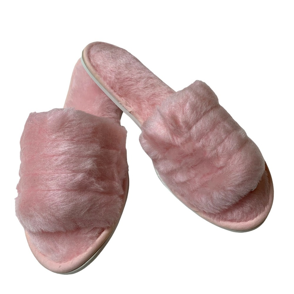 Vintage Pink Faux Fur Slip on Peep Toe Bedroom House Slipper Size M 6.5-7.5 NOS